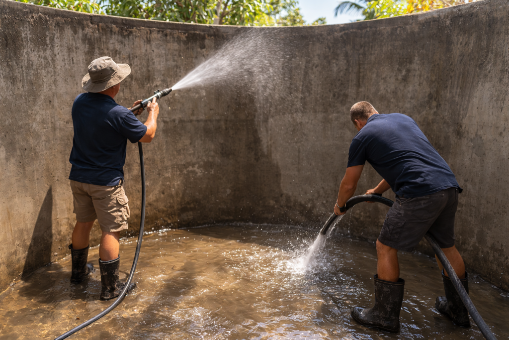 Professional concrete water tank cleaning in Brisbane with technicians washing tank walls