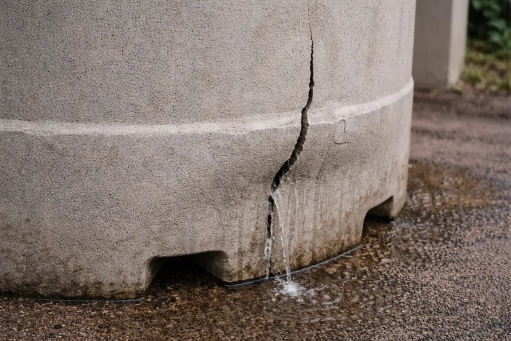 Leaking water from cracked tank