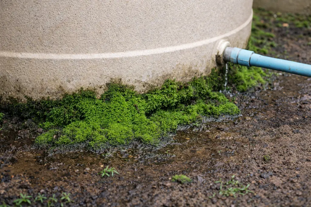 Moss and moisture at tank base